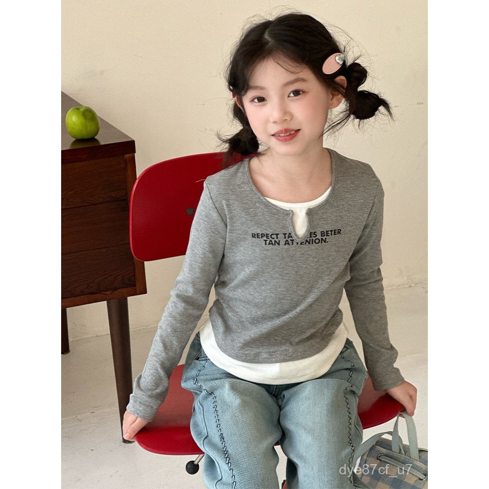 喵咪咪童裝【免運+全店促銷】女童秋裝辣妹子長袖T恤新款中大童韓版假兩件拚接時髦上衣潮 女童上衣 兒童內搭衣9