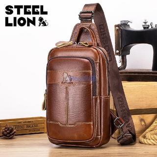 免運🛒全場8折👜STEEL LION牛皮胸包男頭層牛皮油蠟皮時尚男士胸前包單肩斜跨包 男包 包包
