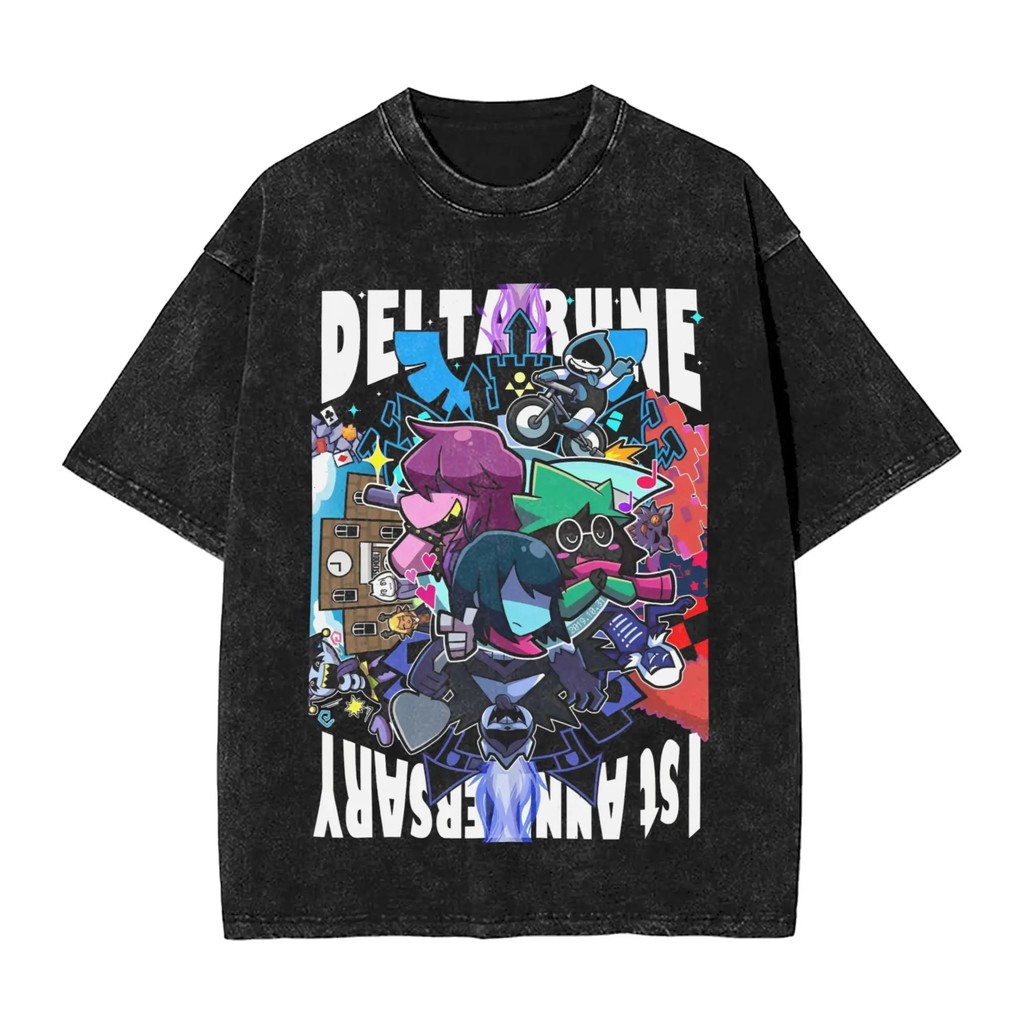  遊戲【三角符文deltarune】圖案印花男士百分百重磅炒雪花水洗棉加大尺碼短袖T恤