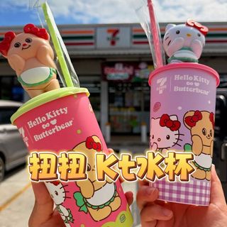 臺灣出貨💥7-11HelloKittyKitty杯子Kt吸管高顏值凱蒂貓水杯會扭的kitty水杯