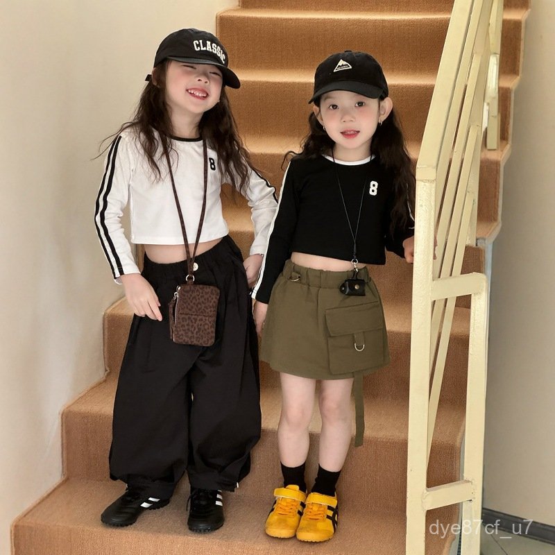 喵咪咪童裝【免運+全店促銷】女童修身春秋新款兒童長袖純棉T恤爵士舞洋氣高腰上衣短款打底 女童上衣 兒童內搭衣9