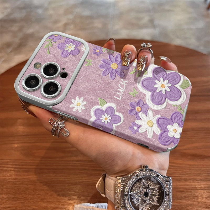 ZX甄選✨17手機殼 油畵紫花適用iphone17係列手機殻蘋果15promax電鍍毛皮16華為p80