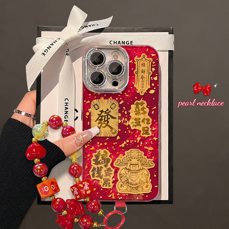 ZX甄選✨新年手機殼 發財手機殼 金箔財神掛鏈適用蘋果16promax手機殻iphone17係列新年15紅色14女