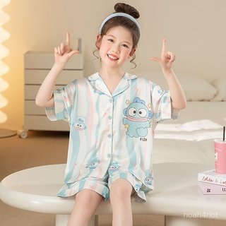 女童睡衣夏季冰絲2025短袖新款薄款套裝女孩中大童兒童家居服醜魚 O24I