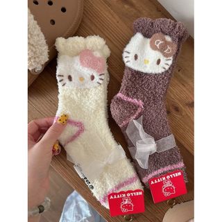 【精品優選】Hello Kitty襪子立體大公仔個性珊瑚絨地板襪可愛睡眠襪保暖冬季