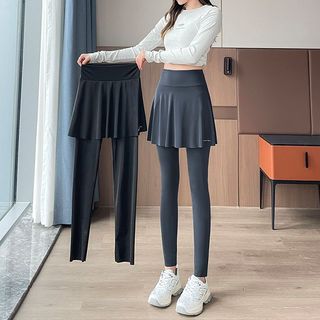 胖胖美依 長褲 內搭褲 緊身褲M-XL鯊魚褲裙褲一體假兩件瑜伽顯瘦運動高腰收腹提臀塑形修身-12565.