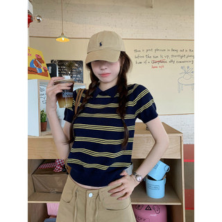 奈看服飾/隔日到貨MIU系同款韓版學院風polo領條紋針織短袖 春夏超適合顯瘦百搭設計感上衣 針織上衣 POLO領上衣