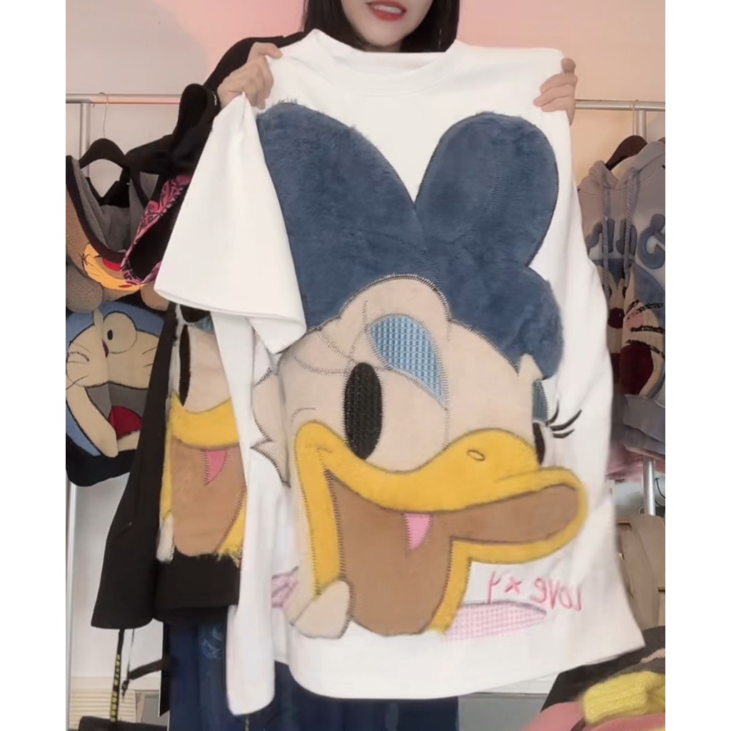 春秋白色貼布繡立體黛西鴨圓領短袖套頭 寬鬆潮流女秋冬新款上衣