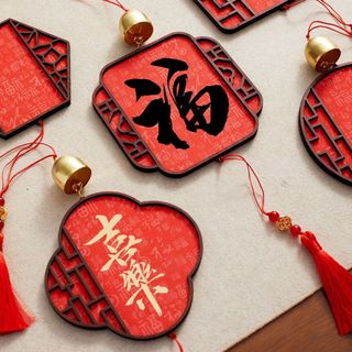 💥新年甄選💥百福鈴鐺福卡掛件 空白手寫文創風鈴新款 萬年紅新年硬卡掛飾