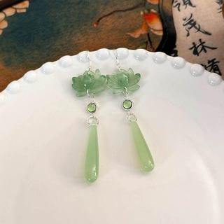 💎珍玉坊珠寶💎新中式綠色蓮花長款水滴耳環國風漢服古風流蘇耳鉤馬面裙耳飾耳夾