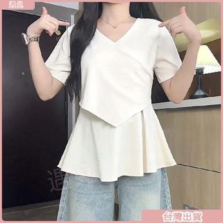 限時特價💕短袖薄款遮肚子上衣夏季小衫寬鬆休閒V領大碼交叉胖mm荷葉邊女T恤