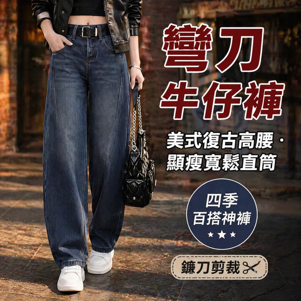 🔥台灣免運🔥【彎刀牛仔褲】美式復古高腰設計 顯瘦寬鬆直筒 高腰牛仔褲 鐮刀剪裁特色 四季百搭神褲 直筒牛仔褲 彎刀褲