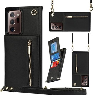SAMSUNG 適用於三星 Galaxy Note20 Ultra 斜挎拉鍊方形 TPU+PU 後蓋保護套帶支架&卡槽&