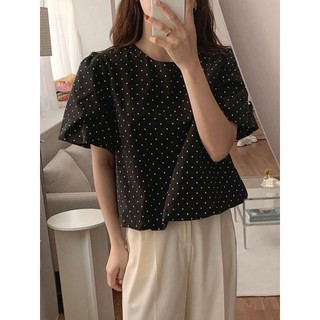 WEILI 女士圓領波爾卡圓點泡泡袖襯衫，少女風格夏季