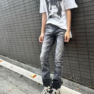 ✨ 免運出貨 紀璇黑牛美式cleanfit水洗修身彈力微喇高街vibe黑灰3.0牛仔褲男