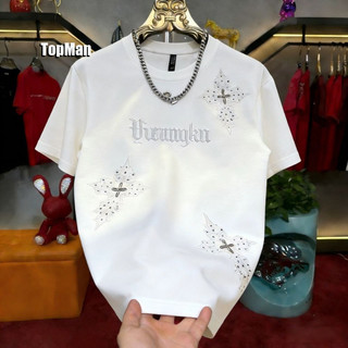 TopMan 男短袖T恤 燙鑽短袖 刺繡哥特字母十字鑲鑽街頭風休閒潮t 男生短袖上衣