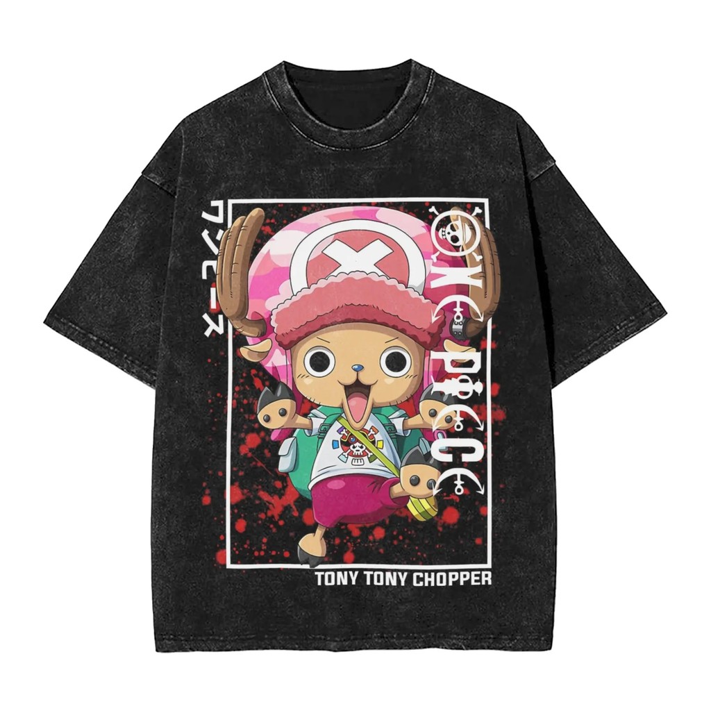 動漫【航海王one piece託尼託尼·喬巴】圖案印花男士百分百水洗棉大尺碼炒雪花重磅短袖T恤