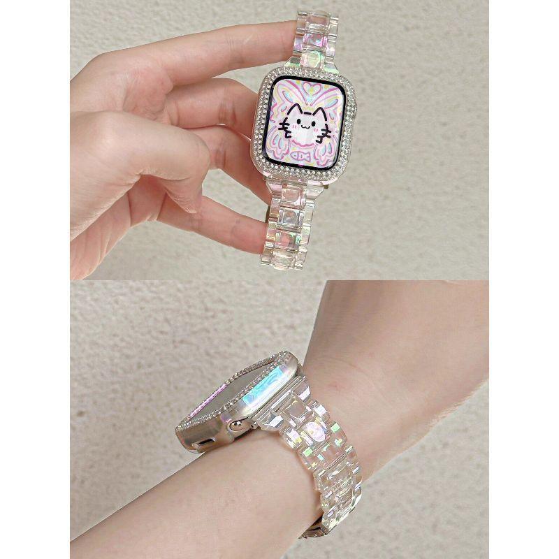 免運💯適用applewatchS11/10小冰塊鐳射樹脂錶帶iWatch9876冰川透明蘋果手錶ultra鑽殼套裝鋼化