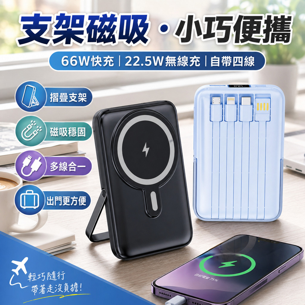 ⚡可登機✈️3C認證磁吸行動電源 自帶支架 120W超級快充 20000mAh 磁吸行充 旅行移動電源可登機