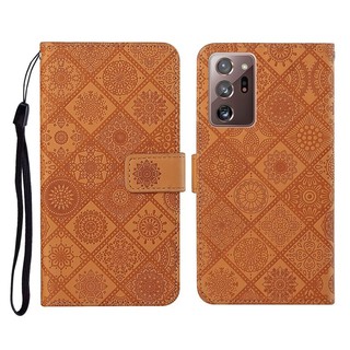 SAMSUNG 適用於三星 Galaxy Note20 超民族風格壓紋圖案水平翻蓋皮套帶支架&卡槽&錢包&掛繩