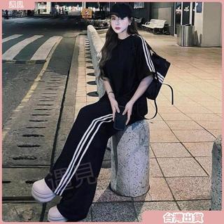 限時特價💕美式三條槓休閒運動套裝女夏季寬鬆百搭情侶高級感短袖長褲兩件套