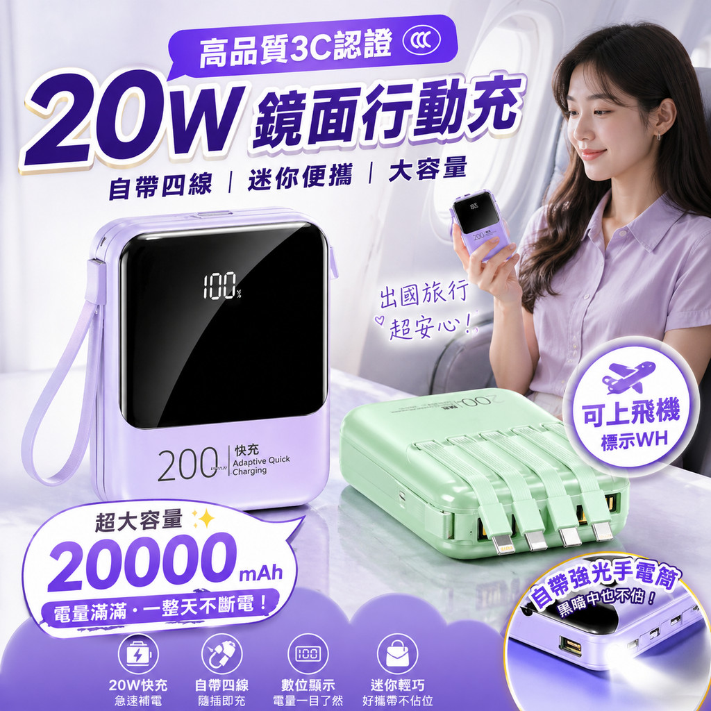 ⚡3C認證+wh行動電源 20000mAh大容量 移動電源 自帶四線行充 鏡面數顯 行動電源 移動充 隨身充
