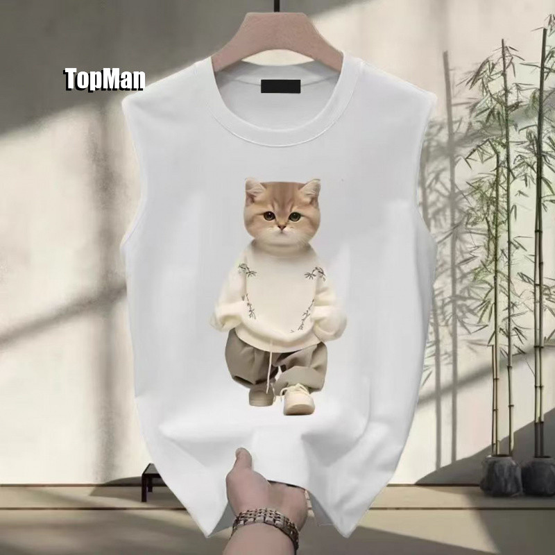 TopMan 背心男 純棉貓喵日系印可內搭打底可外穿上衣 男生 吊嘎 無袖上衣