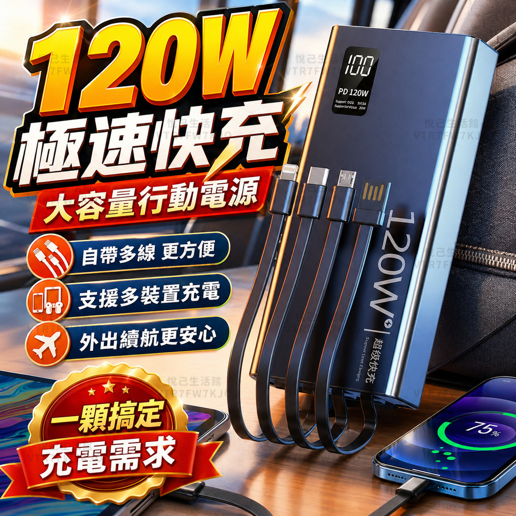 當天發✨四線合一50000mAh行動電源 120W快充 自帶線行動電源 充電寶 移動電源 隨身寶 電寶 超級快充