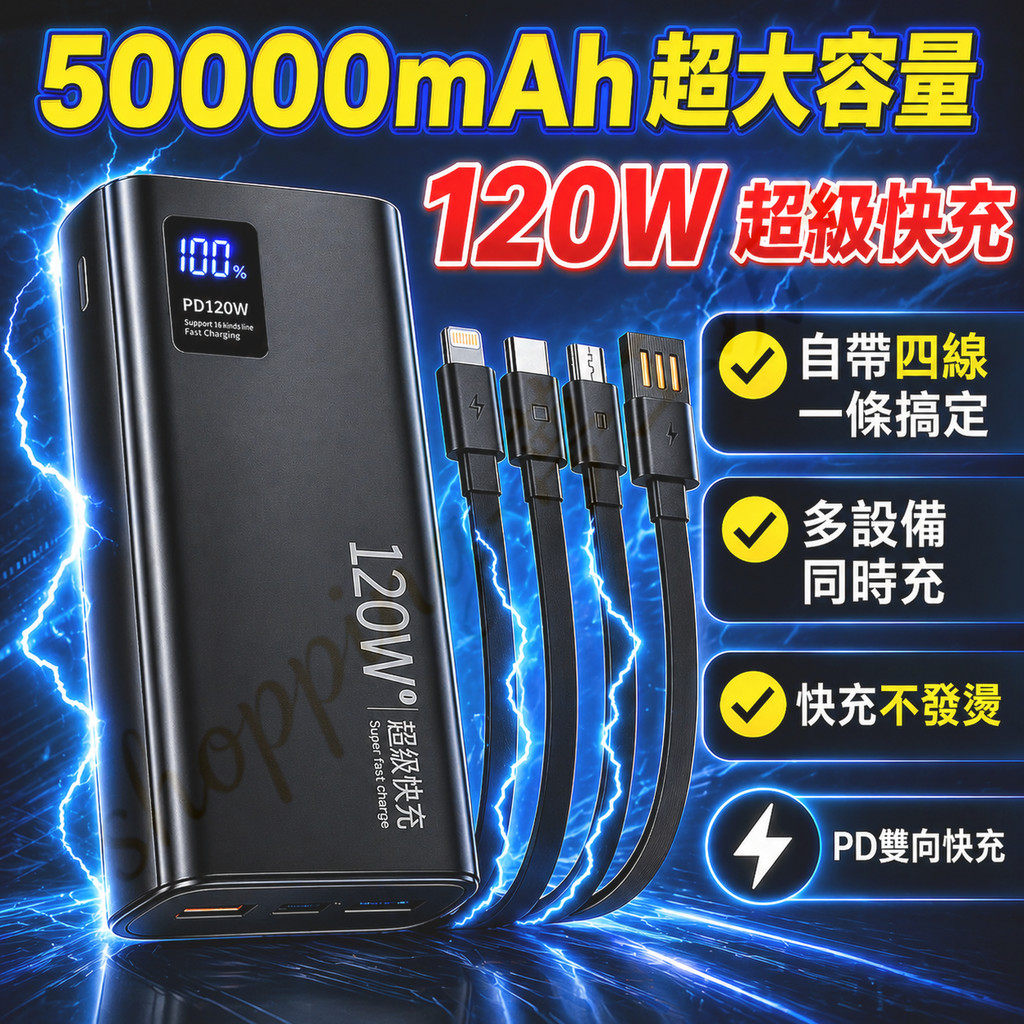 台灣現货🔥120w快充行動電源 CCC行充 50000mah行動電源 自帶4線行充 數顯行動電源 大容量行動電源 充電寶