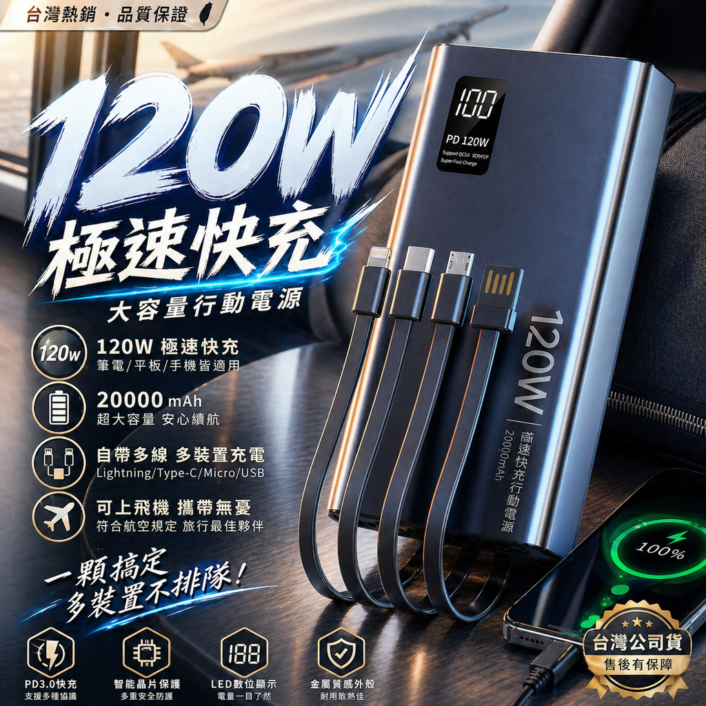 🔥3C行充 120W快充閃充行動電源 50000mah大容量行動電源 數顯自帶4線行充 充電寶 隨身充 露營充