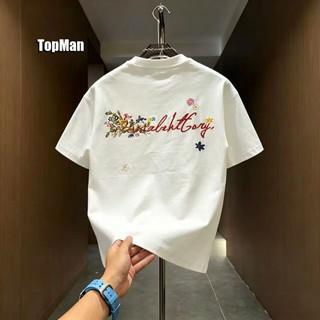 TopMan 男t恤短袖 LK字母花刺繡雙面透氣棉休閒男生T恤 潮t 上衣