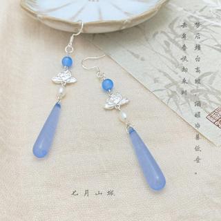 古風中式耳飾 古風耳環 新中式蓮花淺藍色長水滴耳環耳夾古風高級感國風耳飾氣質旗袍耳墜【沐顏醬賣場】