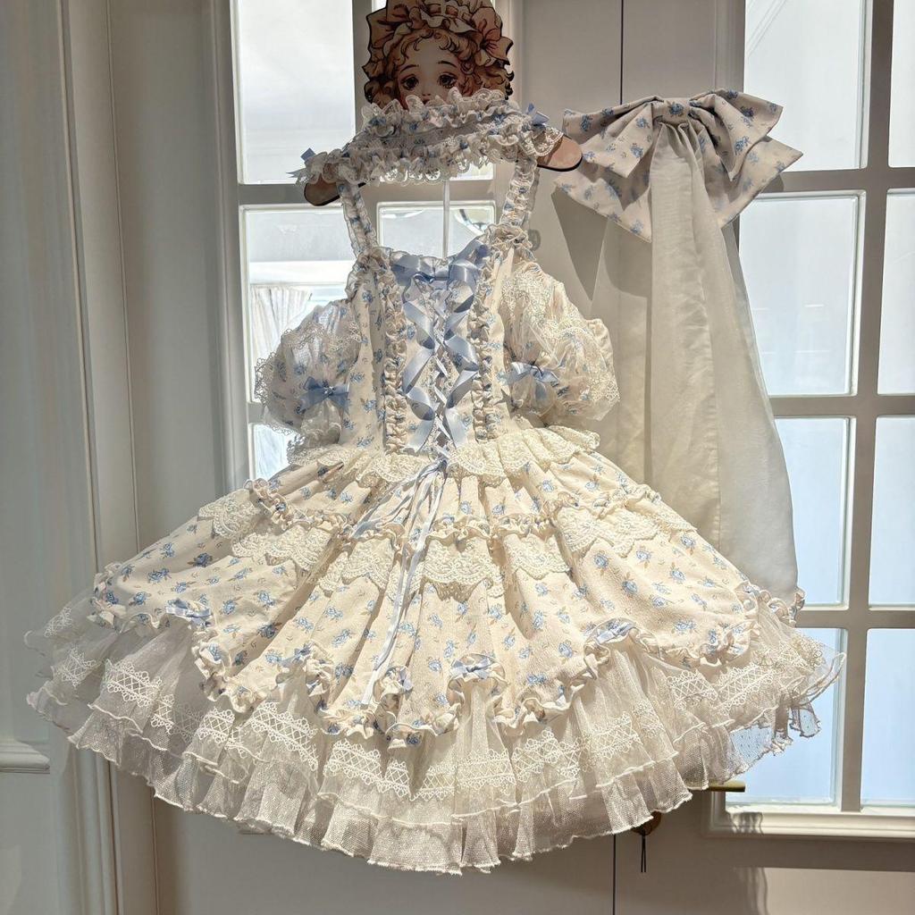 lolita Lolita 洛丽塔裙 原创 新款甜心草莓熊原創小玫瑰藍白原創設計新品連衣裙洋裝吊帶芭蕾jsk