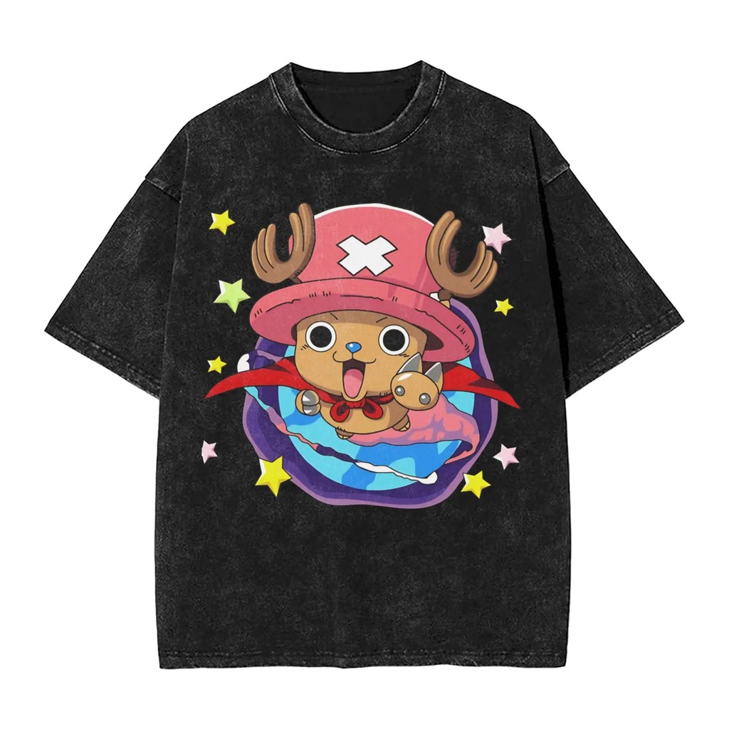 動漫【航海王one piece託尼託尼·喬巴】圖案印花男士百分百水洗棉大尺碼炒雪花重磅短袖T恤