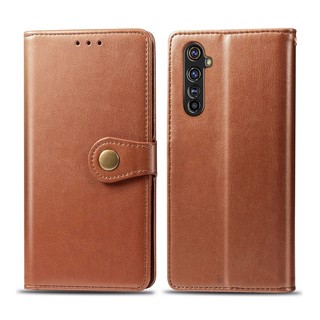 適用於 OPPO Realme X50 Pro 復古純色皮扣手機殼帶掛繩和相框和卡槽和錢包和支架功能適用於 Realme