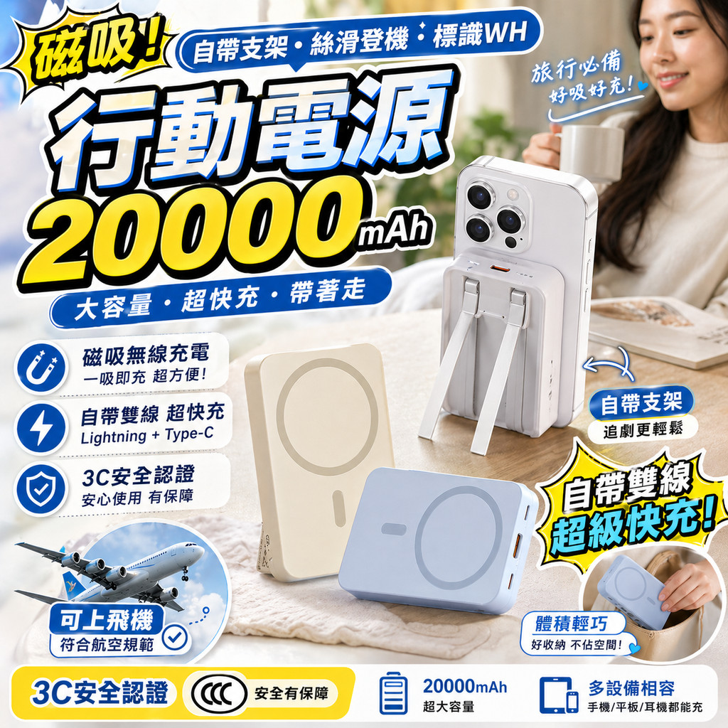 ⚡5合一行動電源 3C無線磁吸行動電源 20000mAh 隱藏式支架 自帶雙線 快充行動電源 行動充 出國游
