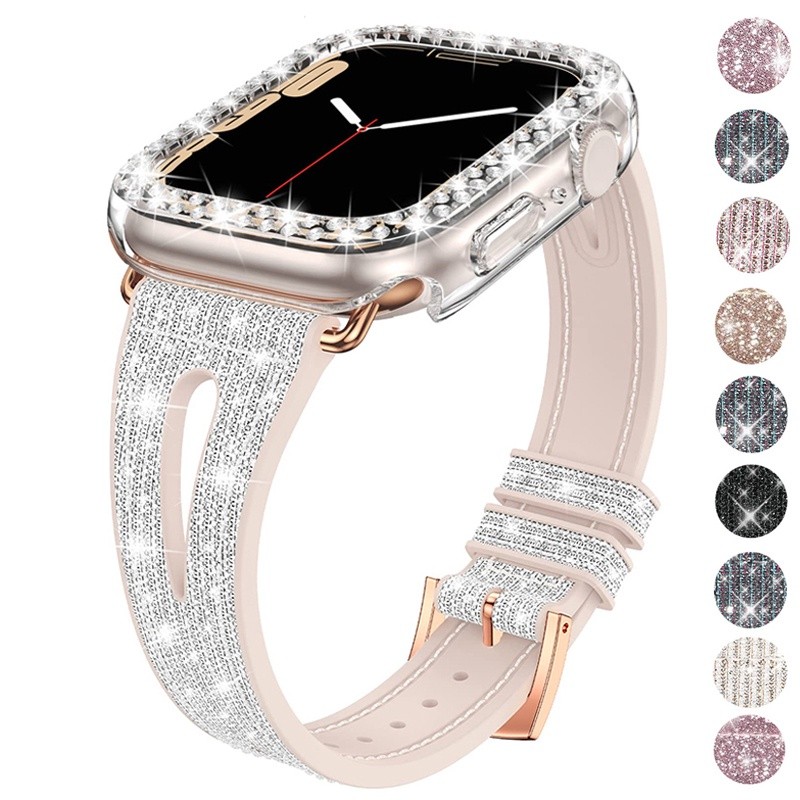 下殺價-鑽石錶殼矽膠皮革錶帶兼容 Apple Watch Ultra 49 毫米 44 毫米 41 毫米 45 毫