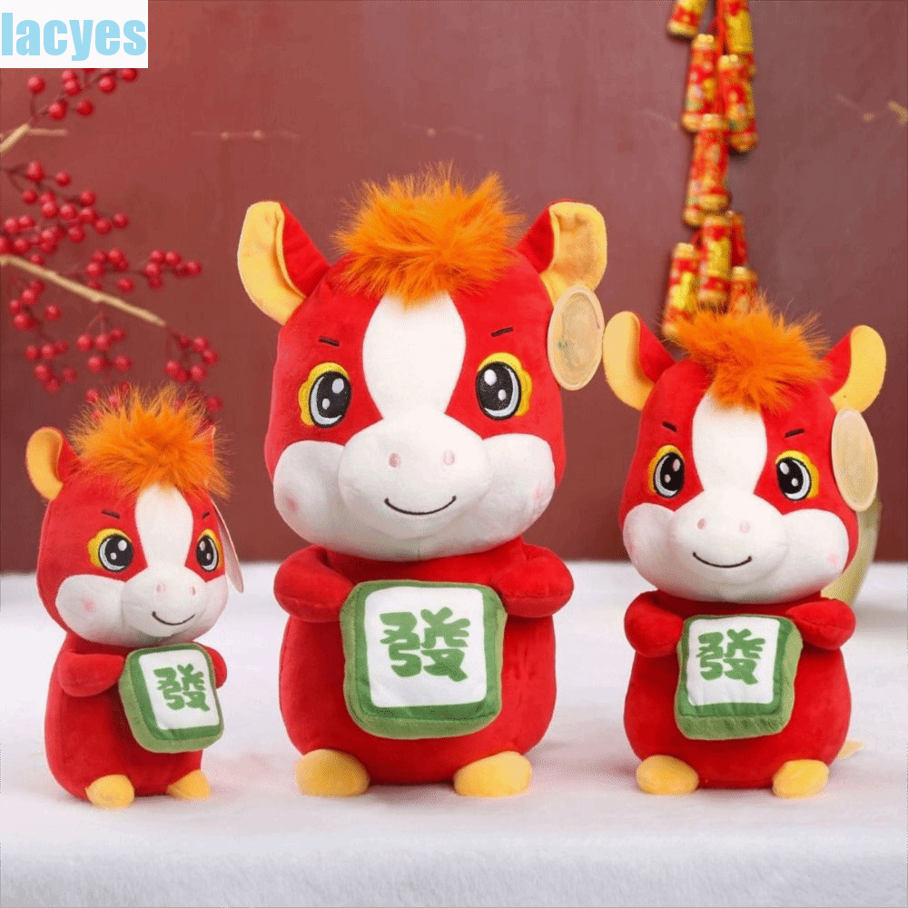 LACYES 年馬吉祥物,可愛可愛的馬毛絨公仔,活潑的紅色卡通動物栩栩如生的幸運吉祥物桌面裝飾