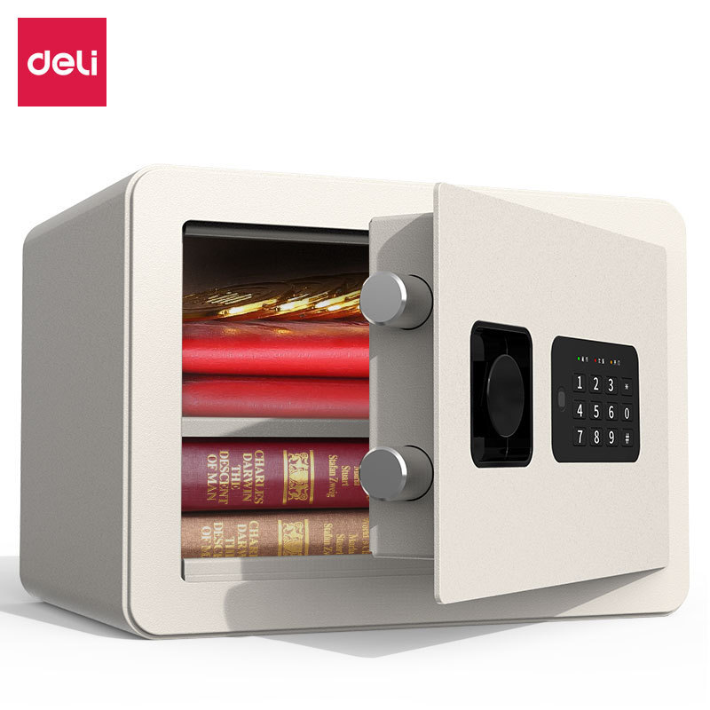 得力33515小型电子密码保管箱H250黑 米白办公办公室家用保险柜
