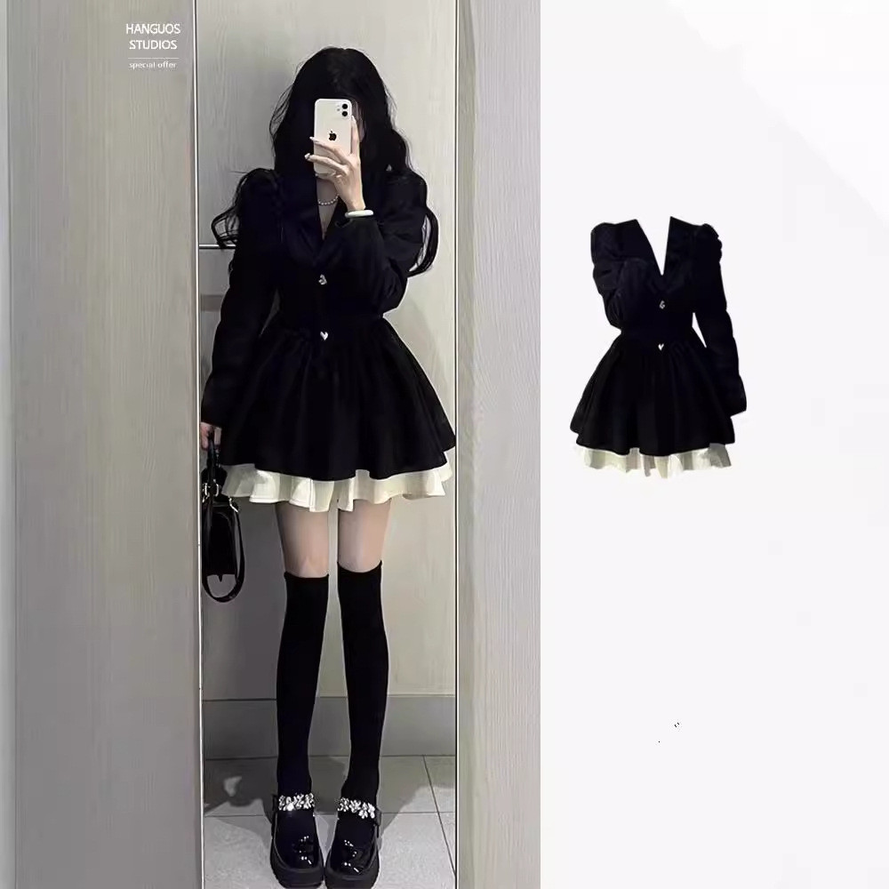 D1111小香風西裝洋裝 小個子高級感氣質收腰A字裙 公主蓬蓬裙 約會穿搭小黑裙 甜酷辣妹長袖連身裙