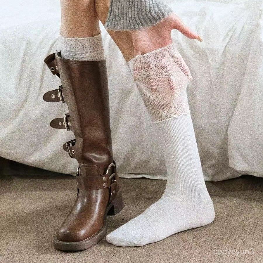 免運 臺灣出貨 長筒大腿襪 蕾絲拚接襪子女秋季小腿襪高筒ins芭蕾風靴襪蕾絲吸汗花邊堆堆襪 LJIM