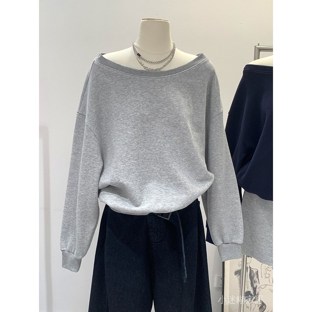 免運 臺灣出貨 休閒長袖 寬鬆上衣 慵懶風寬鬆圓領衛衣女2025早秋新款美式高街斜肩上衣 RJGU