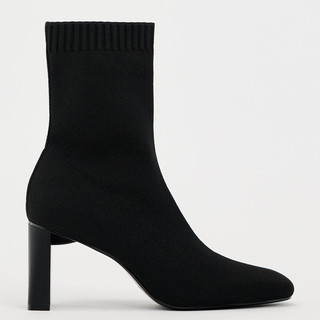 【shoes鞋魔】出口西班牙訂單 ZA2025秋季新品TRF女鞋 黑色高彈力針織面料方頭復古瘦瘦靴 粗跟女短靴 高跟襪靴