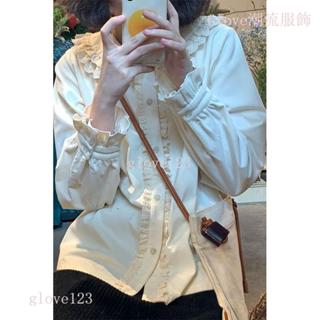 🌷臺灣出貨🌷Glove 春季日系軟妹可愛復古花邊娃娃領長袖lolita內搭襯衫女上衣打底衫 襯衫女 女生襯衫 上衣女