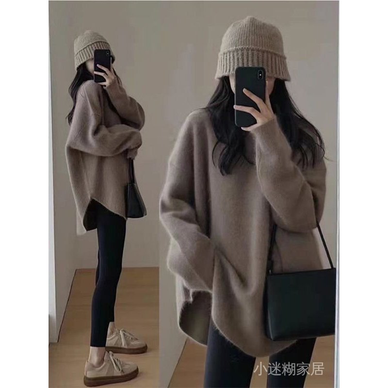 免運 臺灣出貨 秋冬毛衣女 浣熊絨套頭軟糯毛衣女秋冬外穿中長款日係慵懶複古開叉針織衫冬季 ZZDD