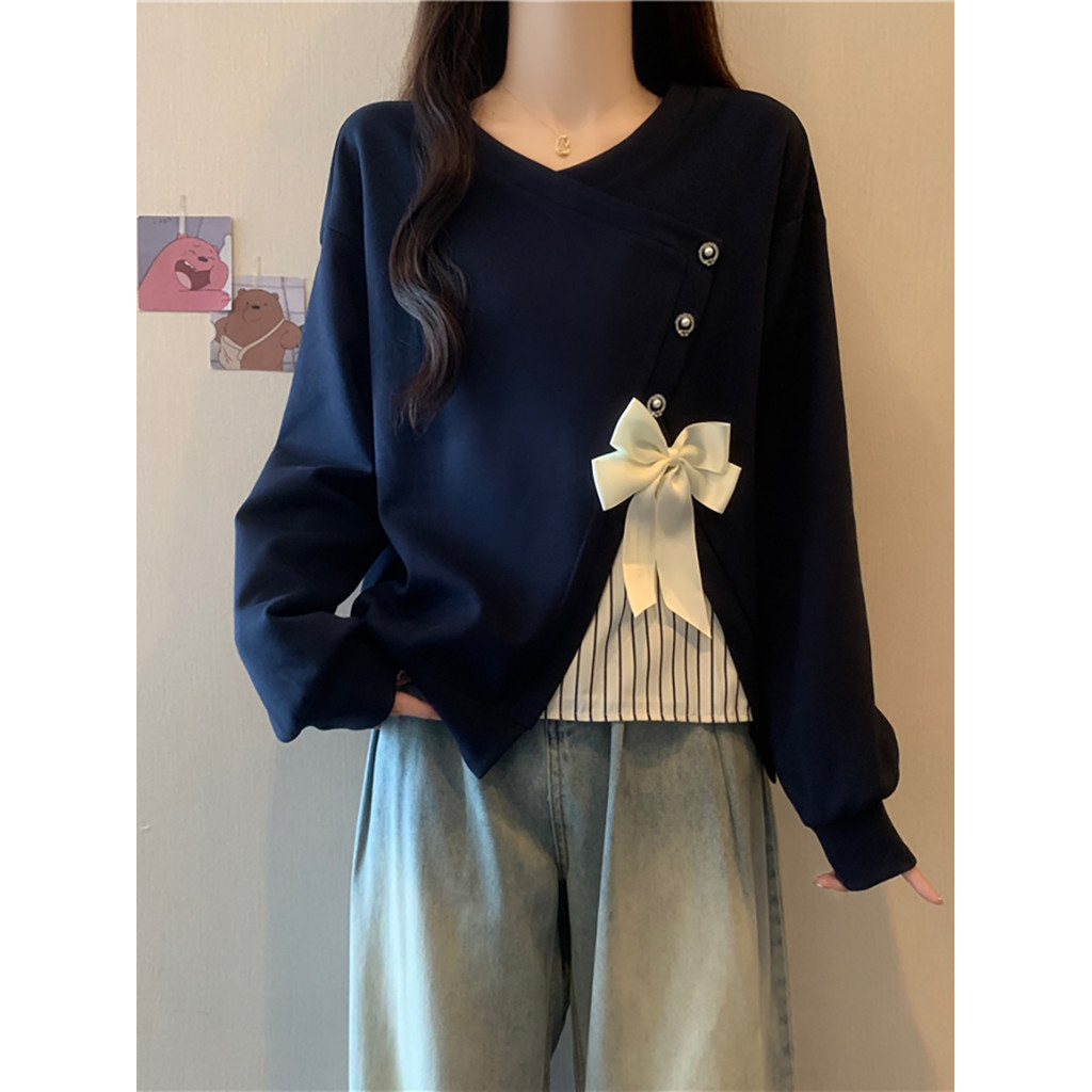 假兩件大學T 衛衣 大學T 上衣 假兩件衛衣女秋季大碼設計感短款係帶蝴蝶結上衣爆款小衫 大尺碼服飾 平價女裝 韓版女裝