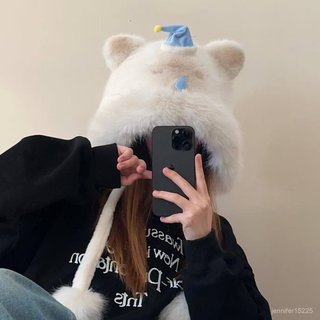 kiki新款卡通眼鏡小貓套頭帽子秋冬學生戶外騎行加厚保暖防寒護耳帽子