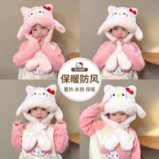 臺灣出貨#可愛兒童帽子圍巾一體女童冬季帽子kitty貓圍脖保暖耳護加絨加厚