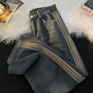 【M-8XL大尺碼女著】胖MM女裝 牛仔褲 闊腿牛仔褲 大碼300斤設計感三條槓直筒牛仔褲寬鬆闊腿長褲潮牌ins休閒老爹