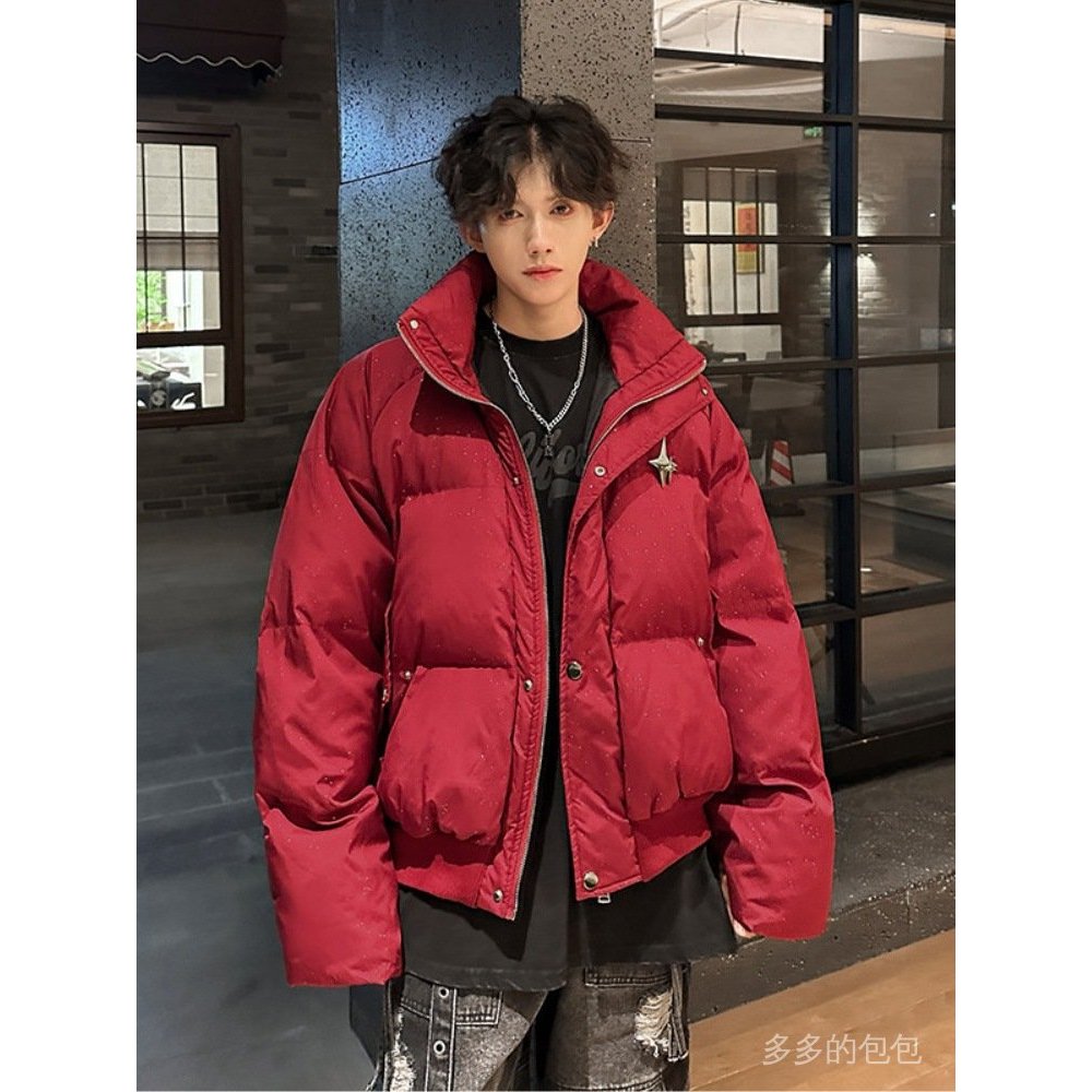 【YUYU】臺灣出貨 免運 羽絨服男 滿天星紅色羽絨棉服男冬季加厚保暖麵包服美式高街設計感痞帥外套 IL0E
